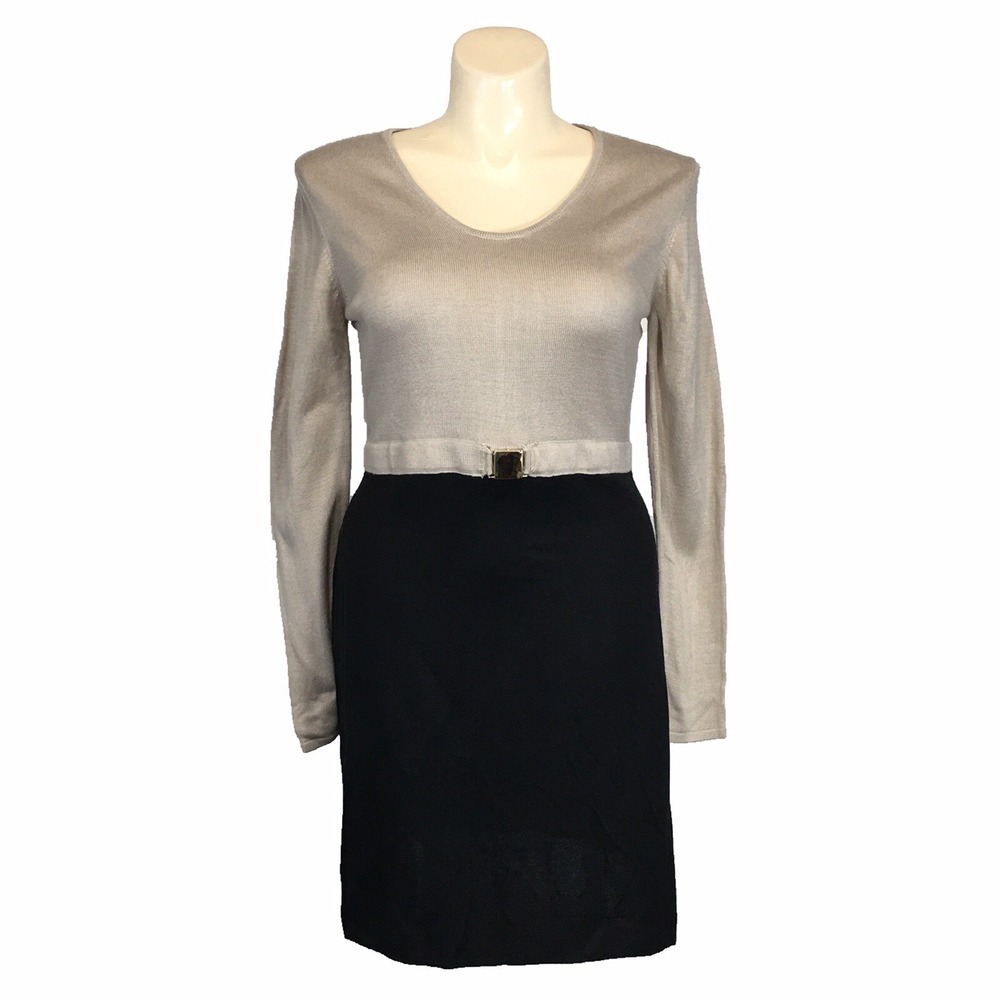 NWT Calvin Klein Dress LARGE Beige Black Color Block Knit Long Sl Buckle Work - Picture 1 of 5